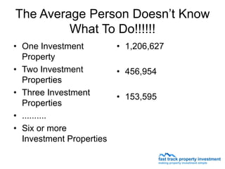 The Average Person Doesn’t Know
         What To Do!!!!!!
• One Investment          • 1,206,627
  Property
• Two Investment          • 456,954
  Properties
• Three Investment        • 153,595
  Properties
• ..........
• Six or more
  Investment Properties
 
