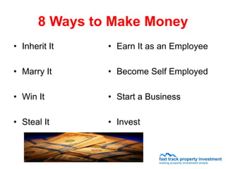 8 Ways to Make Money
• Inherit It    • Earn It as an Employee

• Marry It      • Become Self Employed

• Win It        • Start a Business

• Steal It      • Invest
 