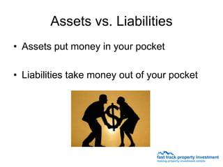 Assets vs. Liabilities
• Assets put money in your pocket

• Liabilities take money out of your pocket
 