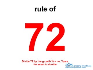 rule of




Divide 72 by the growth % = no. Years
         for asset to double
 