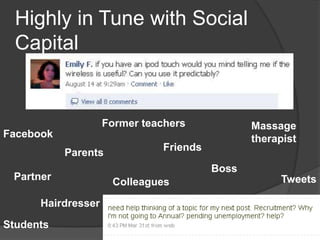 Highly in Tune with Social
  Capital


                    Former teachers             Massage
Facebook                   ...
