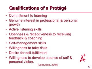 Qualifications of a Prot é g é Commitment to learning Genuine interest in professional & personal growth Active listening skills Openness & receptiveness to receiving feedback & coaching Self-management skills Willingness to take risks Desire for self-fulfillment Willingness to develop a sense of self & personal vision.  (Lockwood, 2004) 