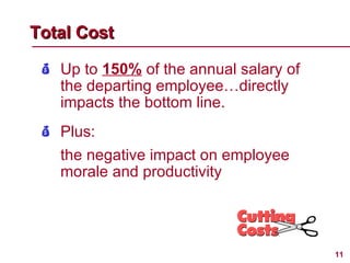 Total Cost   <ul><li>Up to  150%  of the annual salary of the departing employee…directly impacts the bottom line. </li></...