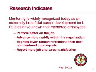 <ul><li>Mentoring is widely recognized today as an extremely beneficial career development tool. Studies have shown that m...