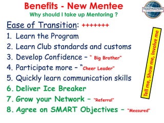 Benefits - New Mentee
Why should I take up Mentoring ?
Ease of Transition: +++++++
1. Learn the Program
2. Learn Club standards and customs
3. Develop Confidence – “ Big Brother”
4. Participate more – “Cheer Leader”
5. Quickly learn communication skills
6. Deliver Ice Breaker
7. Grow your Network – “Referral”
8. Agree on SMART Objectives – “Measured”
 