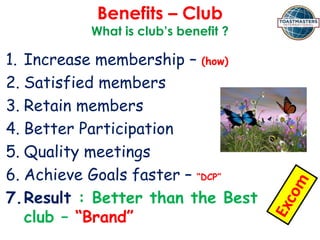Benefits – Club
What is club’s benefit ?
1. Increase membership – (how)
2. Satisfied members
3. Retain members
4. Better Participation
5. Quality meetings
6. Achieve Goals faster – “DCP”
7.Result : Better than the Best
club – “Brand”
 