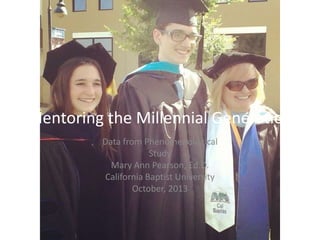 Mentoring the Millennial Generation
Data from Phenomenological
Study
Mary Ann Pearson, Ed.D.
California Baptist University
October, 2013

 