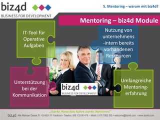 5. Mentoring – warum mit biz4d?


                                      Mentoring – biz4d Module
    IT-Tool für                                      Nutzung von
    Operative                                       unternehmens
     Aufgaben                                       -intern bereits
                                                     vorhandenen
                                                      Ressourcen



 Unterstützung                                                Umfangreiche
    bei der                                                    Mentoring-
Kommunikation                                                  erfahrung


                  „Starke Menschen haben starke Mentoren!“
 