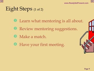 Eight Steps  (1 of 2) Learn what mentoring is all about. Review mentoring suggestions. Make a match. Have your first meeting. 