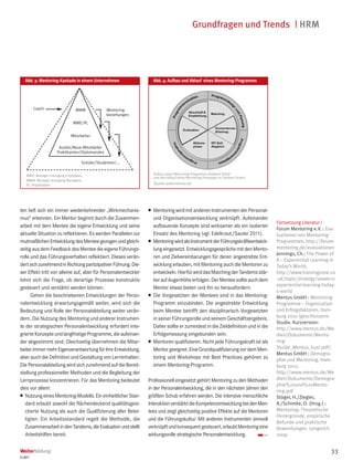 Grundfragen und Trends | HRM




   Abb. 3: Mentoring-Kaskade in einem Unternehmen                   Abb. 4: Aufbau und Ablauf eines Mentoring-Programms




         Coach                  MMM             Mentoring-
                                                beziehungen
                              MME/PL


                             Mitarbeiter

                      Azubis/Neue Mitarbeiter
                     Praktikanten/Diplomanden

                                   Schüler/Studenten/...


    MME: Manager managing Employees,                                Aufbau eines Mentoring-Programms (äußerer Kreis)
                                                                    und den Ablauf eines Mentoring-Prozesses im Tandem (innen)
    MMM: Manager managing Managers,
    PL: Projektleiter                                               (Quelle: www.mentus.de)




ten ließ sich ein immer wiederkehrender „Wirkmechanis-          ●   Mentoring wird mit anderen Instrumenten der Personal-
mus“ erkennen. Ein Mentor beginnt durch die Zusammen-               und Organisationsentwicklung verknüpft. Aufeinander
                                                                                                                                 Fortsetzung Literatur |
arbeit mit dem Mentee die eigene Entwicklung und seine              aufbauende Konzepte sind wirksamer als ein isolierter
                                                                                                                                 Forum Mentoring e.V. : Eva-
aktuelle Situation zu reflektieren. Es werden Parallelen zur        Einsatz des Mentoring (vgl. Edelkraut/Sauter 2011).          luationen von Mentoring-
mutmaßlichen Entwicklung des Mentee gezogen und gleich-         ●   Mentoring wird als Instrument der Führungskräfteentwick-     Programmen, http://forum-
zeitig aus dem Feedback des Mentee die eigene Führungs-             lung eingesetzt. Entwicklungsgespräche mit den Mento-        mentoring.de/evaluationen
                                                                                                                                 Jennings, Ch.: The Power of
rolle und das Führungsverhalten reflektiert. Dieses verän-          ren und Zielvereinbarungen für deren angestrebte Ent-
                                                                                                                                 X – Experiential Learning in
dert sich zunehmend in Richtung partizipativer Führung. Die-        wicklung erlauben, mit Mentoring auch die Mentoren zu        Today’s World;
ser Effekt tritt von alleine auf, aber für Personalentwickler       entwickeln. Hierfür wird das Matching der Tandems stär-      http://www.trainingzone.co
lohnt sich die Frage, ob derartige Prozesse konstruktiv             ker auf Augenhöhe erfolgen. Der Mentee sollte auch dem       .uk/topic/strategy/power-x-
                                                                                                                                 experiential-learning-today-
gesteuert und verstärkt werden können.                              Mentor etwas bieten und ihn so herausfordern.
                                                                                                                                 s-world
      Gehen die beschriebenen Entwicklungen der Perso-          ●   Die Vorgesetzten der Mentees sind in das Mentoring-          Mentus GmbH : Mentoring-
nalentwicklung erwartungsgemäß weiter, wird sich die                Programm einzubinden. Die angestrebte Entwicklung            Programme – Organisation
Bedeutung und Rolle der Personalabteilung weiter verän-             beim Mentee betrifft den disziplinarisch Vorgesetzten        und Erfolgsfaktoren. Ham-
dern. Die Nutzung des Mentoring und anderer Instrumen-              in seiner Führungsrolle und seinem Geschäftsergebnis.        burg 2010 (geschlossene
                                                                                                                                 Studie. Kurzversion:
te der strategischen Personalentwicklung erfordert inte-            Daher sollte er zumindest in die Zieldefinition und in die   http://www.mentus.de/Me
grierte Konzepte und langfristige Programme, die aufeinan-          Erfolgsmessung eingebunden sein.                             dien/Dokumente/Mento-
der abgestimmt sind. Gleichzeitig übernehmen die Mitar-         ●   Mentoren qualifizieren. Nicht jede Führungskraft ist als     ring-
beiter immer mehr Eigenverantwortung für ihre Entwicklung,          Mentor geeignet. Eine Grundqualifizierung vor dem Men-       Studie_Mentus_kurz.pdf )
                                                                                                                                 Mentus GmbH : Demogra-
aber auch die Definition und Gestaltung von Lerninhalten.           toring und Workshops mit Best Practices gehören zu           phie und Mentoring. Ham-
Die Personalabteilung wird sich zunehmend auf die Bereit-           einem Mentoring-Programm.                                    burg 2011;
stellung professioneller Methoden und die Begleitung der                                                                         http://www.mentus.de/Me
Lernprozesse konzentrieren. Für das Mentoring bedeutet          Professionell eingesetzt gehört Mentoring zu den Methoden        dien/Dokumente/Demogra-
                                                                                                                                 phie%20und%20Mento-
dies vor allem:                                                 in der Personalentwicklung, die in den nächsten Jahren den
                                                                                                                                 ring.pdf
● Nutzung eines Mentoring-Modells. Ein einheitlicher Stan-      größten Schub erfahren werden. Die intensive menschliche         Stöger, H./Ziegler,
   dard erlaubt sowohl die flächendeckend qualitätsgesi-        Interaktion verstärkt die Kompetenzentwicklung bei den Men-      A./Schimke, D. (Hrsg.) :
   cherte Nutzung als auch die Qualifizierung aller Betei-      tees und zeigt gleichzeitig positive Effekte auf die Mentoren    Mentoring: Theoretische
                                                                                                                                 Hintergründe, empirische
   ligten. Ein Arbeitsstandard regelt die Methodik, die         und die Führungskultur. Mit anderen Instrumenten sinnvoll
                                                                                                                                 Befunde und praktische
   Zusammenarbeit in den Tandems, die Evaluation und stellt     verknüpft und konsequent gesteuert, erlaubt Mentoring eine       Anwendungen. Lengerich
   Arbeitshilfen bereit.                                        wirkungsvolle strategische Personalentwicklung.                  2009


Weiterbildung                                                                                                                                             33
5|2011
 