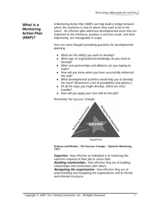 DEVELOPING A MENTORING ACTION PLAN 
What is a Mentoring Action Plan (MAP)? 
A Mentoring Action Plan (MAP) can help build a bridge between where the mentoree is now to where they want to be in the future. An effective plan addresses developmental areas that are important to the mentoree, produce a concrete result, and most importantly, are manageable in scope. 
Here are some thought-provoking questions for developmental planning: 
♦ What are the skill(s) you want to develop? 
♦ What type of organizational knowledge do you need to develop? 
♦ What new partnerships and alliances are you hoping to make? 
♦ How will you know when you have successfully enhanced this skill? 
♦ What developmental activities would help you to develop the most? (Brainstorm a list of possibilities and options.) 
♦ Of all the ways you might develop, which are most feasible? 
♦ How will you apply your new skill on-the-job? 
Remember the Success Triangle: 
Drahosz and Rhodes, “The Success Triangle.” Dynamic Mentoring, 1997. 
Expertise - how effective an individual is at mastering the expertise required of their job or career field. 
Building relationships - how effective they are at building relationships and connections with others. 
Navigating the organization - how effective they are at understanding and navigating the organizations and its formal and informal structures. 
Copyright © 2009, The Training Connection, Inc., All Rights Reserved. 1 
 