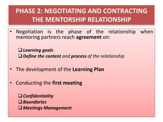 PHASE 2: NEGOTIATING AND CONTRACTING
THE MENTORSHIP RELATIONSHIP
• Negotiation is the phase of the relationship when
mentoring partners reach agreement on:
Learning goals
Define the content and process of the relationship
• The development of the Learning Plan
• Conducting the first meeting
Confidentiality
Boundaries
Meetings Management
 