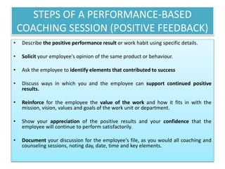 STEPS OF A PERFORMANCE-BASED
COACHING SESSION (POSITIVE FEEDBACK)
• Describe the positive performance result or work habit using specific details.
• Solicit your employee's opinion of the same product or behaviour.
• Ask the employee to identify elements that contributed to success
• Discuss ways in which you and the employee can support continued positive
results.
• Reinforce for the employee the value of the work and how it fits in with the
mission, vision, values and goals of the work unit or department.
• Show your appreciation of the positive results and your confidence that the
employee will continue to perform satisfactorily.
• Document your discussion for the employee's file, as you would all coaching and
counseling sessions, noting day, date, time and key elements.
 