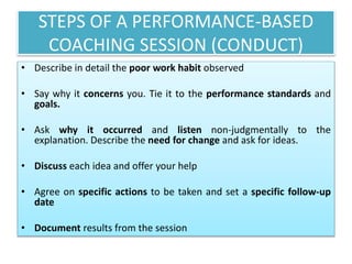 STEPS OF A PERFORMANCE-BASED
COACHING SESSION (CONDUCT)
• Describe in detail the poor work habit observed
• Say why it concerns you. Tie it to the performance standards and
goals.
• Ask why it occurred and listen non-judgmentally to the
explanation. Describe the need for change and ask for ideas.
• Discuss each idea and offer your help
• Agree on specific actions to be taken and set a specific follow-up
date
• Document results from the session
 