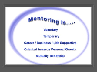 DEFINING
MENTORING
• Mentoring is a process for the
informal transmission of
knowledge, social capital and the
psychosocia...