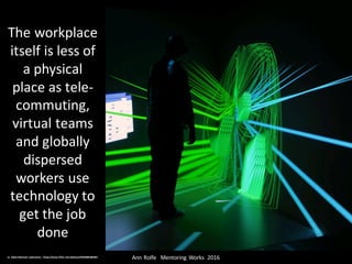 The	workplace	
itself	is	less	of	
a	physical	
place	as	tele-
commuting,	
virtual	teams	
and	globally	
dispersed	
workers	use	
technology	to	
get	the	job	
done
Ann	Rolfe			Mentoring	 Works		2016	cc:	Idaho	National	Laboratory	- https://www.flickr.com/photos/30369883@N03
 