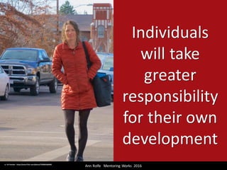 Individuals	
will	take	
greater	
responsibility	
for	their	own	
development
Ann	Rolfe			Mentoring	 Works		2016	cc:	Ed	Yourdon	- https://www.flickr.com/photos/72098626@N00
 