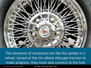 The	elements	of	revolution	are	like	the	spokes	in	a	
wheel.	Joined	at	the	rim	where	they	get	traction	to	
make	progress,	they	must	also	connect	at	the	hub
Ann	Rolfe			Mentoring	 Works		2016	cc:	tomorrowstand - https://www.flickr.com/photos/10256644@N05
 