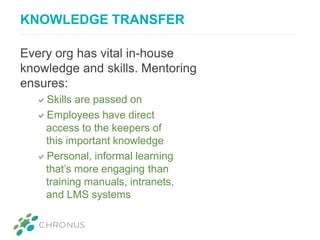 KNOWLEDGE TRANSFER
Every org has vital in-house
knowledge and skills. Mentoring
ensures:
Skills are passed on
Employees have direct
access to the keepers of
this important knowledge
Personal, informal learning
that’s more engaging than
training manuals, intranets,
and LMS systems
 
