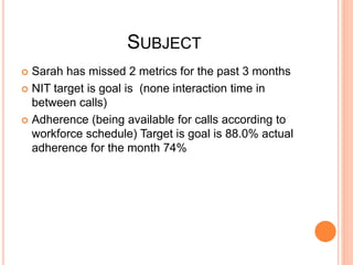 SUBJECT 
 Sarah has missed 2 metrics for the past 3 months 
 NIT target is goal is (none interaction time in 
between calls) 
 Adherence (being available for calls according to 
workforce schedule) Target is goal is 88.0% actual 
adherence for the month 74% 
 