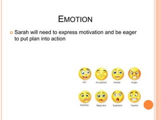 EMOTION 
 Sarah will need to express motivation and be eager 
to put plan into action 
 
