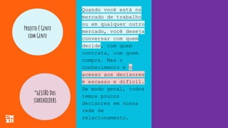 Projeto é Gente
com Gente
Quando você está no
mercado de trabalho
ou em qualquer outro
mercado, você deseja
conversar com quem
decide, com quem
contrata, com quem
compra. Mas o
conhecimento e o
acesso aos decisores
é escasso e difícil.
De modo geral, todos
temos poucos
decisores em nossa
rede de
relacionamento.
“gESTÃO Dos
sTAKEHOLDERS
 