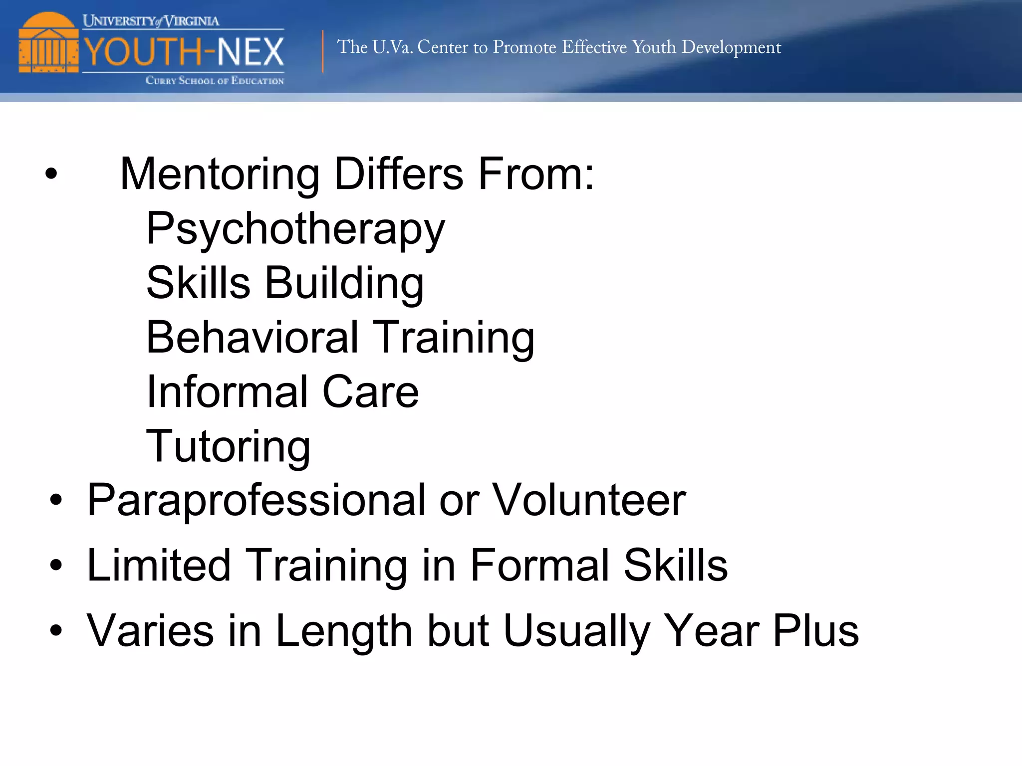 The U.Va. Center to Promote Effective Youth Development

Delinquency Clusters/Trajectories
Based on 4 annual waves of data from Self-Report of Delinquency
►
►
►
►

Non-offenders: those with no or minimal aggression, but no delinquent
behavior (24.3%).
Chronic-minor offenders: those consistently involved in minor
offenses over each of the four waves (34.4%).
Escalators: those starting delinquent involvement at a later wave and
escalate to serious offending (frequent & violent) (13.5%).
Serious-Chronic: involved in serious and frequent (including violent)
offending at every wave (27.4%).

 