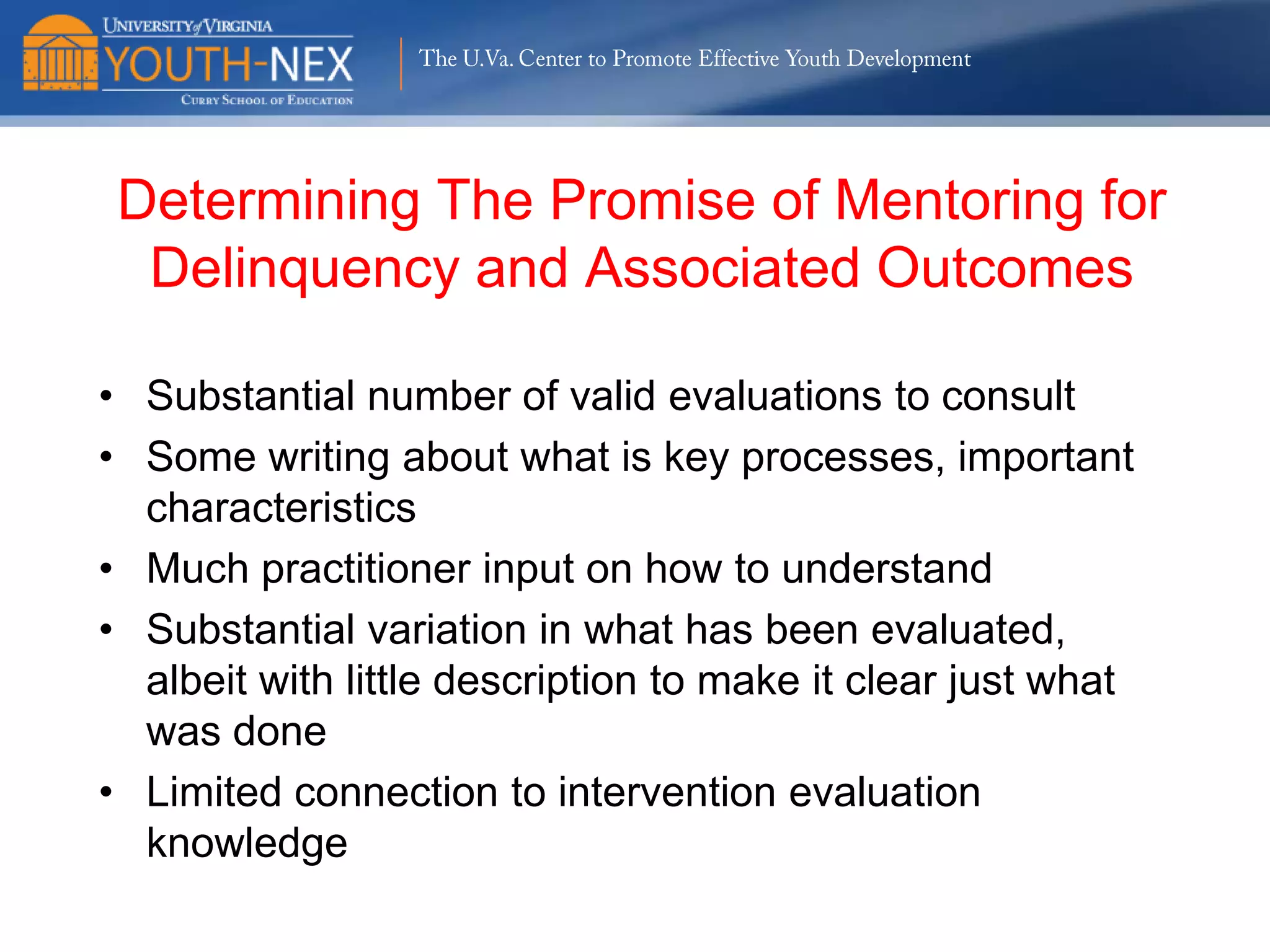 The U.Va. Center to Promote Effective Youth Development

Delinquency Trajectories Distribution

Non-Delinquent

Chronic Minor

Escalators

Serious, Chronic, Violent

 