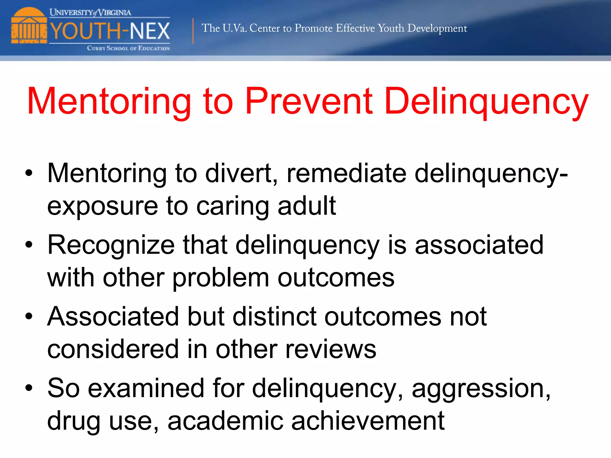 The U.Va. Center to Promote Effective Youth Development

Deceased?
10
8

Percent

6
4
2
0
Minimal

Chronic Minor

-2

ns for any comparison

Escalator

Serious, Chronic,
Violent

 