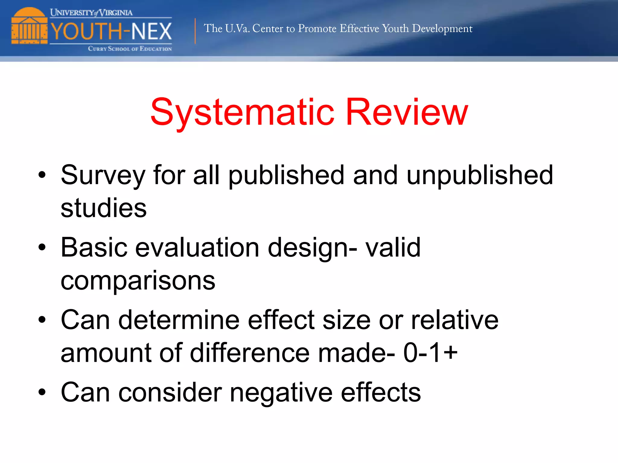 The U.Va. Center to Promote Effective Youth Development

High School Graduate?
100
90
80
Percent

70
60
50
40
30
20
10
0
Minimal

Chronic Minor

χ2(3,N=178)=11.70, p < .01

Escalator

SCV < Others

Serious, Chronic,
Violent

 
