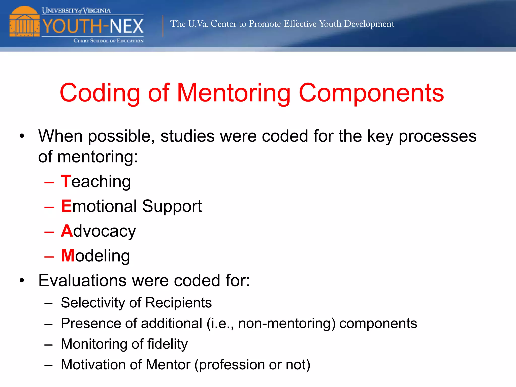 The U.Va. Center to Promote Effective Youth Development

Employed?
100
90
80
Percent

70
60
50
40
30
20
10
0
Minimal

Chronic Minor

Escalator

Serious, Chronic,
Violent

χ2(3,N=178)=4.41, ns overall But SCV < Minimal & CM

 