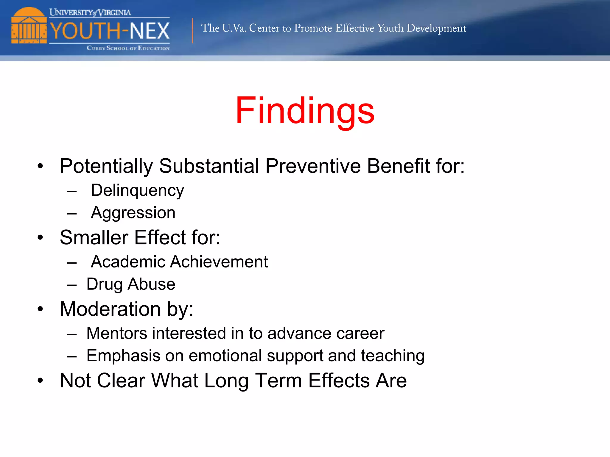 The U.Va. Center to Promote Effective Youth Development

• Community Structural Characteristics:
characteristics that reflect the economic
and political/civic viability of the
community
• Neighborhood Social Organization:
social processes or organization for
support, regulation, aid

 