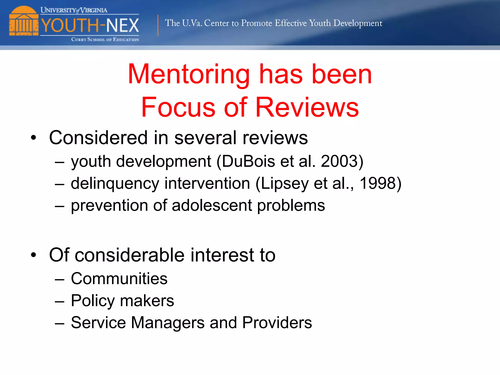 The U.Va. Center to Promote Effective Youth Development

Transition or Further Trajectory?
•
•
•
•
•
•
•

Genetic/Inherited Propensities
Gene Environment Correlation, Interactions, etc.
Assortative Mating, Luck of the Draw
Access to Social Resources
Exposure to Social Risks
Access to Family and Community Support, Role
Mattering

 