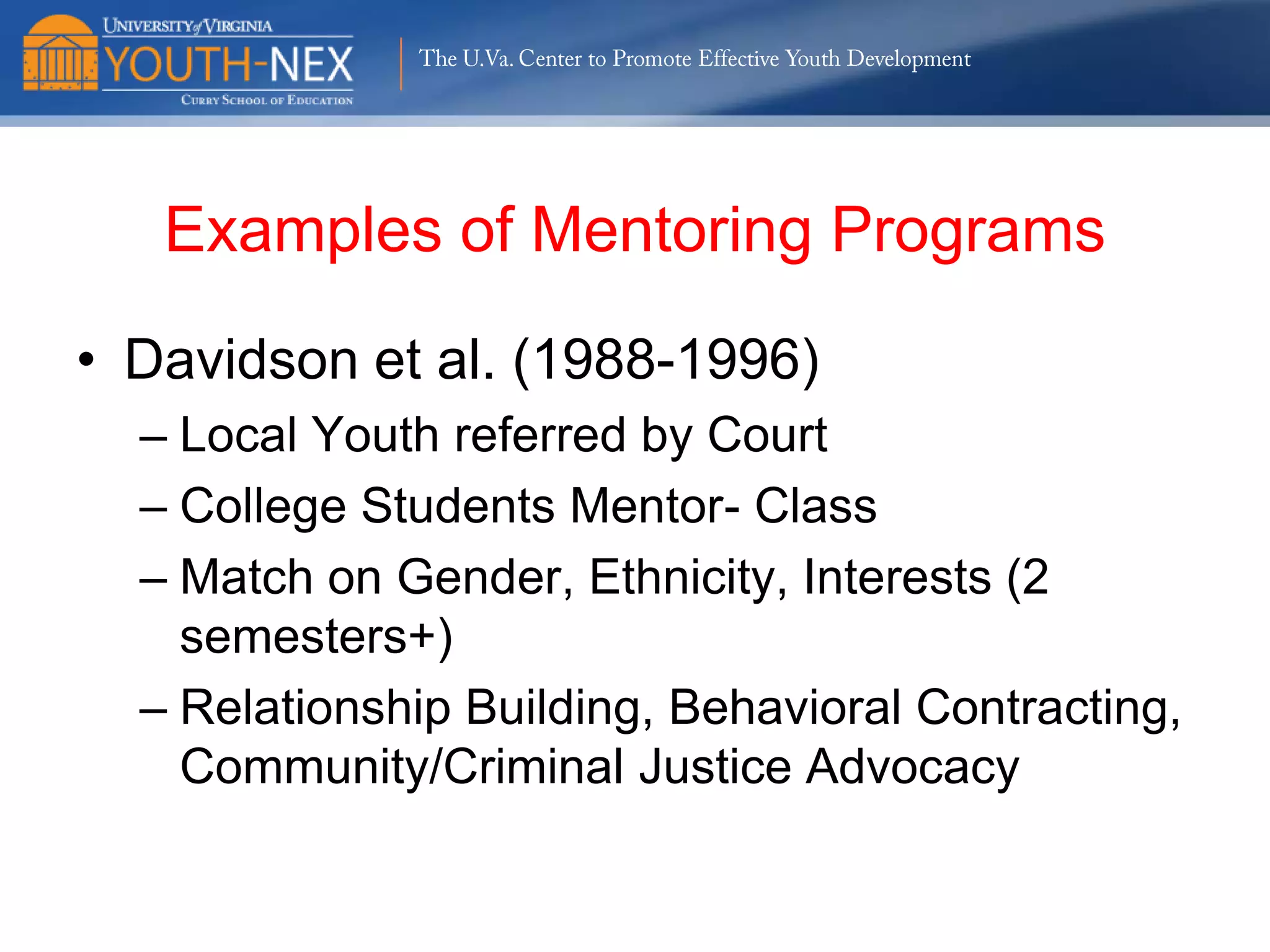 The U.Va. Center to Promote Effective Youth Development

SAMPLE
•

341 African American and Hispanic adolescent males (148 African
American, 193 Latino

•

Recruited from 17 Chicago public schools
•

high poverty, high crime communities

•

Half of the sample were selected because they had already displayed
above average for community (95th% for US) levels of aggression

•

Mean age was 12.31 at the beginning of the study (range 10-15 years),
first 4 waves annual

•

Seven Waves over 17+ years

 