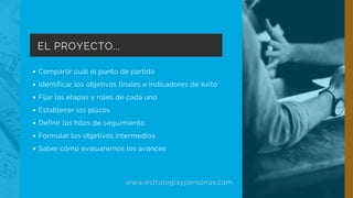 EL PROYECTO...
Compartir cuál el punto de partida
Identificar los objetivos finales e Indicadores de éxito
Fijar las etapas y roles de cada uno
Establecer los plazos
Definir los hitos de seguimiento
Formular los objetivos intermedios
Saber cómo evaluaremos los avances
www.estrategiaypersonas.com
 