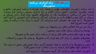 ‫مرحله‬
10
:
‫برنامه‬ ‫اندازی‬ ‫راه‬
‫منتورینگ‬
‫و‬ ‫جامع‬ ‫آموزشی‬ ‫برنامه‬ ‫با‬ ‫همراه‬ ،‫راه‬ ‫نقشه‬ ‫و‬ ‫نهایی‬ ‫راهنمایی‬ ‫راهبردی‬ ‫برنامه‬ ‫یک‬ ‫با‬
‫رسیده‬ ‫فرا‬ ‫ه‬ ‫برنام‬ ‫می‬‫رس‬ ‫اندازی‬ ‫راه‬ ‫و‬ ‫اعالم‬ ‫زمان‬ ‫اکنون‬ ،‫ی‬ ‫حمایت‬ ‫بری‬‫راه‬ ‫ه‬ ‫کمیت‬
‫و‬ ‫مربیان‬ ‫دادن‬ ‫قرار‬ ‫برای‬ ‫تطبیق‬ ‫معیارهای‬ ‫از‬ ،‫ا‬‫ه‬ ‫درخواست‬ ‫ت‬‫دریاف‬ ‫از‬ ‫س‬‫پ‬ !‫است‬
‫کنید‬ ‫اجرا‬ ‫را‬ ‫آموزش‬.‫کنید‬ ‫استفاده‬ ‫کنندگان‬ ‫شرکت‬ ‫به‬ ‫دادن‬ ‫اطالع‬ ‫و‬ ‫هم‬ ‫کنار‬ ‫در‬ ‫مربیان‬
‫پیش‬ ‫از‬ ‫برنامه‬ ‫مدت‬ ‫برای‬ ‫را‬ ‫گروه‬ ‫کار‬ ‫فرایند‬ ‫و‬ ‫کنید‬ ‫معرفی‬ ‫ها‬ ‫منتی‬ ‫به‬ ‫را‬ ‫منتورها‬ ‫و‬
.‫کنید‬ ‫شروع‬ ‫شده‬ ‫تعیین‬
•
:‫شود‬ ‫می‬ ‫پیشنهاد‬ ‫زیر‬ ‫های‬ ‫فعالیت‬ ‫مرحله‬ ‫این‬ ‫برای‬
.1
‫ومنتور؛‬ ‫منتی‬ ‫های‬ ‫برنامه‬ ‫ارسال‬ ‫و‬ ‫توسعه‬
.2
‫منتورها؛‬ ‫و‬ ‫ها‬ ‫منتي‬ ‫برای‬ ‫برنامه‬ ‫از‬ ‫بعد‬ ‫و‬ ‫قبل‬ ‫هاي‬ ‫نظرسنجي‬ ‫تهيه‬ ‫و‬ ‫تهيه‬
.3
‫استفاده‬ ‫و‬ ‫تدوین‬ ‫ها‬ ‫منتی‬ ‫و‬ ‫منتورها‬ ‫دادن‬ ‫قرار‬ ‫هم‬ ‫کنار‬ ‫برای‬ ‫را‬ ‫تطبیق‬ ‫معیارهای‬
‫کنید؛‬
.4
‫ها‬ ‫منتی‬ ‫به‬ ‫منتور‬ ‫هدر‬ ‫تعیین‬ ‫برای‬ ‫گیری‬ ‫تصمیم‬ ‫نتیجه‬ ‫و‬ ‫فرایند‬ ‫از‬ ‫را‬ ‫منتورها‬ ‫و‬ ‫منتی‬
‫منتورینگ)؛‬ ‫شده‬ ‫انتخاب‬ ‫مدل‬ ‫به‬ ‫(بسته‬ ‫کنید‬ ‫مطلع‬ ‫آنها‬ ‫انطباق‬ ‫یا‬
.5
.‫کنید‬ ‫شروع‬ ‫را‬ ‫منتورینگ‬ ‫گروه‬ ‫کار‬ ‫فرایند‬ ‫و‬ ‫دهید‬ ‫انجام‬ ‫آموزش‬
 