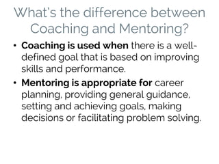 What’s the difference between
Coaching and Mentoring?
• Coaching is used when there is a well-
defined goal that is based on improving
skills and performance.
• Mentoring is appropriate for career
planning, providing general guidance,
setting and achieving goals, making
decisions or facilitating problem solving.
 