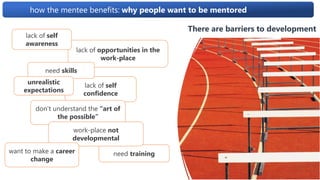 how the mentee benefits: why people want to be mentored
There are barriers to development
lack of self
confidence
lack of opportunities in the
work-place
lack of self
awareness
don’t understand the “art of
the possible”
need training
need skills
unrealistic
expectations
work-place not
developmental
want to make a career
change
 