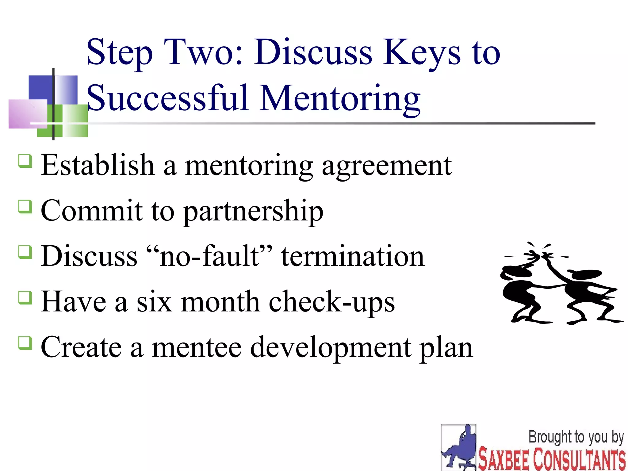 11 
Step Two: Discuss Keys to 
Successful Mentoring 
 Establish a mentoring agreement 
 Commit to partnership 
 Discuss “no-fault” termination 
 Have a six month check-ups 
 Create a mentee development plan 
 