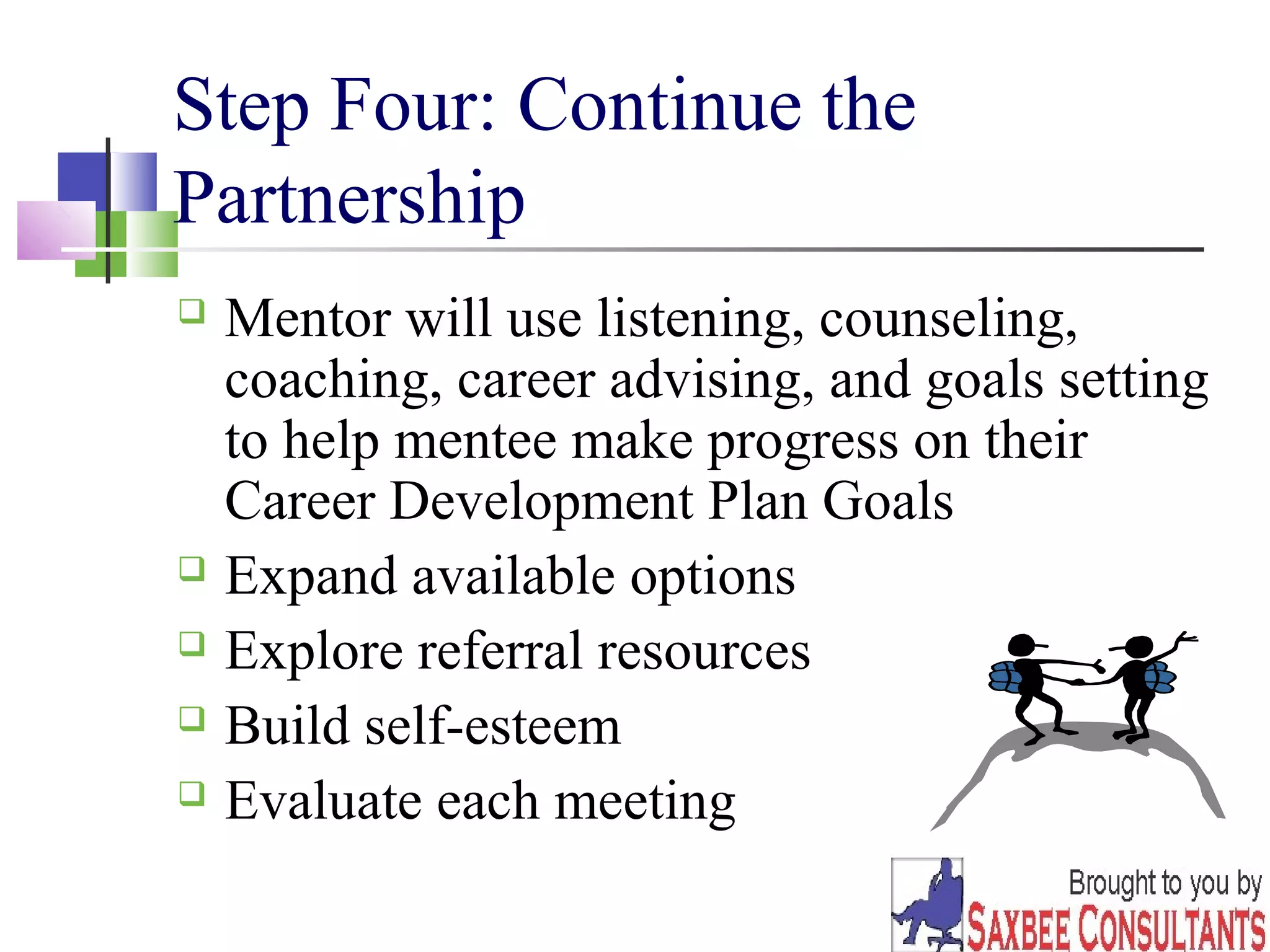 13 
Step Four: Continue the 
Partnership 
 Mentor will use listening, counseling, 
coaching, career advising, and goals setting 
to help mentee make progress on their 
Career Development Plan Goals 
 Expand available options 
 Explore referral resources 
 Build self-esteem 
 Evaluate each meeting 
 