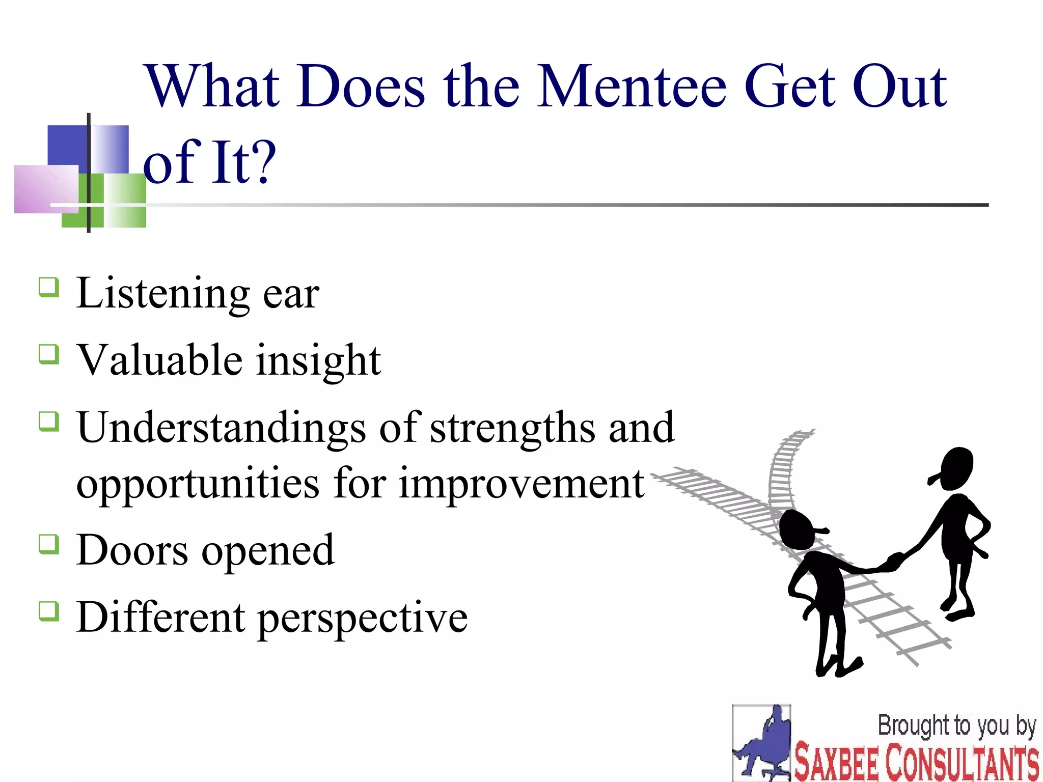 9 
What Does the Mentee Get Out 
of It? 
 Listening ear 
 Valuable insight 
 Understandings of strengths and 
opportunities for improvement 
 Doors opened 
 Different perspective 
 