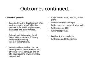 Outcomes continued…
Context of practice
• Contribute to the development of an
environment in which effective
practice is fostered, implemented,
evaluated and disseminated.
• Set and maintain professional
boundaries that are sufficiently
flexible for providing
interprofessional care.
• Initiate and respond to practice
developments to ensure safe and
effective care is achieved and an
effective learning environment is
maintained.
• Audit – ward audit, results, action
plans
• Communication strategies
• Reflections on communication skills
• Reflections on EBP
• Patient responses
• Feedback from students
• Reflection on CPD activities
 