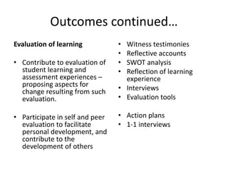 Outcomes continued…
Evaluation of learning
• Contribute to evaluation of
student learning and
assessment experiences –
proposing aspects for
change resulting from such
evaluation.
• Participate in self and peer
evaluation to facilitate
personal development, and
contribute to the
development of others
• Witness testimonies
• Reflective accounts
• SWOT analysis
• Reflection of learning
experience
• Interviews
• Evaluation tools
• Action plans
• 1-1 interviews
 