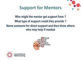 Support for Mentors
Who might the mentor get support from ?
What type of support could they provide ?
Name someone for direct support and then three others
who may help if needed
 