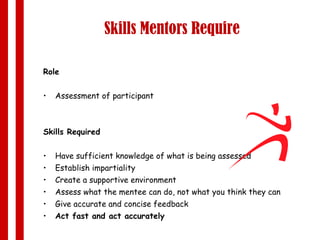 Skills Mentors Require Role Assessment of participant Skills Required Have sufficient knowledge of what is being assessed  Establish impartiality Create a supportive environment Assess what the mentee can do, not what you think they can Give accurate and concise feedback Act fast and act accurately 
