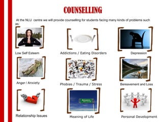 COUNSELLING At the NLU  centre we will provide counselling for students facing many kinds of problems such as:  Relationship Issues Depression Bereavement and Loss Low Self Esteem Phobias / Trauma / Stress Anger /  Anxiety  Addictions / Eating Disorders Meaning of Life Personal Development 