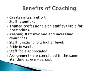    Creates a team effort.
   Staff retention.
   Trained professionals on staff available for
    promotions.
   Keeping staff involved and increasing
    awareness.
   Staff functions to a higher level.
   Pride in work.
   Staff feels appreciated.
   Assignments are completed to the same
    standard at every school.
 