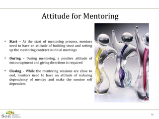 Attitude for Mentoring Start  – At the start of mentoring process, mentors need to have an attitude of building trust and setting up the mentoring contract in initial meetings During  – During mentoring, a positive attitude of encouragement and giving directions is required Closing  – While the mentoring sessions are close to end, mentors need to have an attitude of reducing dependency of mentee and make the mentee self dependent 