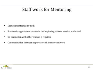Staff work for Mentoring Diaries maintained by both Summarizing previous session in the beginning current session at the end Co-ordination with other leaders if required Communication between supervisor-HR-mentor-network 