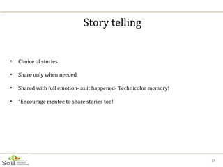 Story telling Choice of stories Share only when needed Shared with full emotion- as it happened- Technicolor memory! “ Encourage mentee to share stories too! 